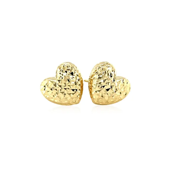 MayaMila Earrings 14k Yellow Gold Puffed Heart Earrings with Diamond Cuts