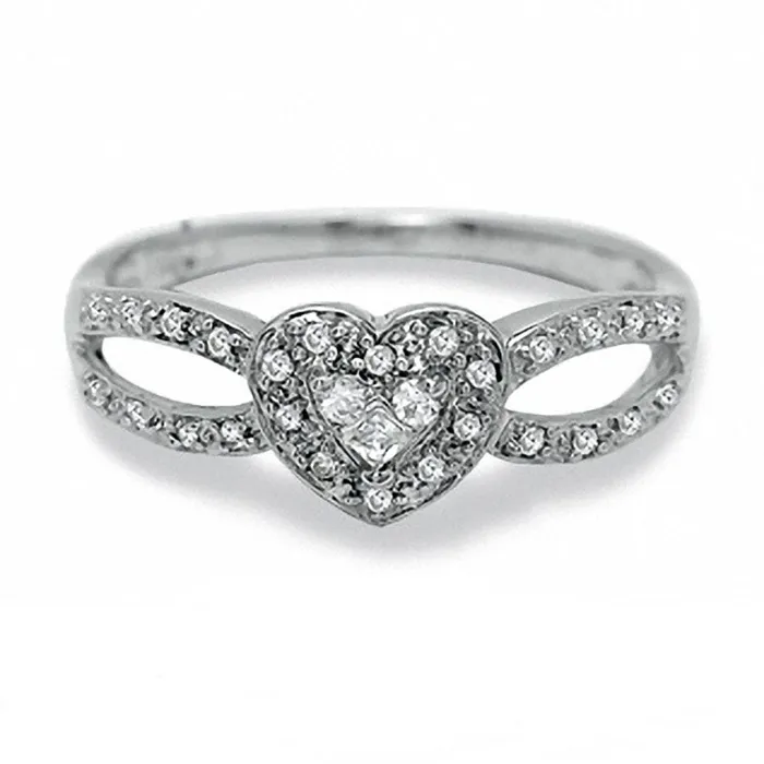 017 CT TW Natural Diamond Heart Split Shank Promise Ring in Solid 10K White Gold Goldia Rings