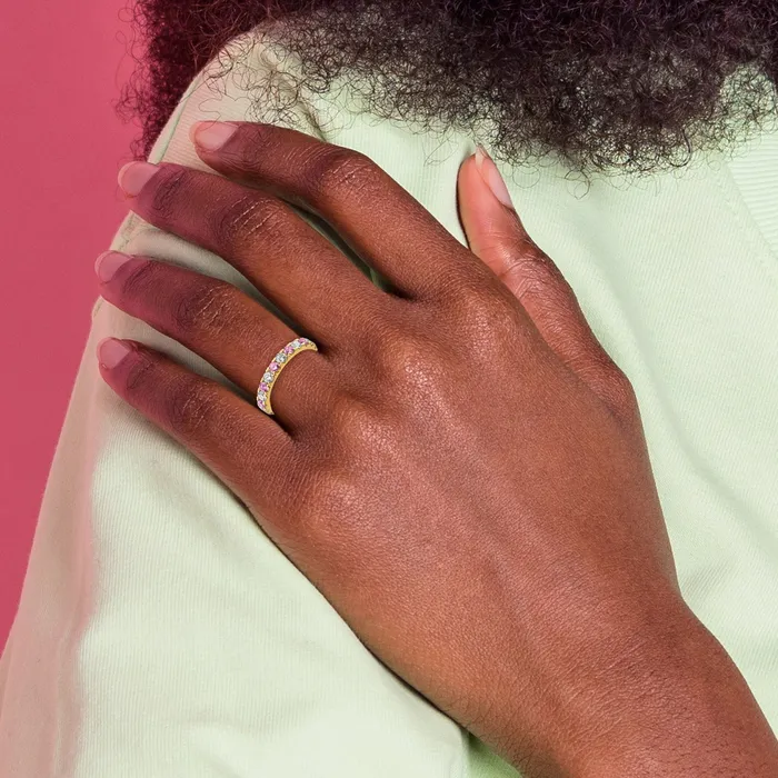 14k Yellow Gold 1 Ct Lab Grown Diamond VSSI G and Lab Created Pink Sapphire Eternity Band Ring Goldia Rings