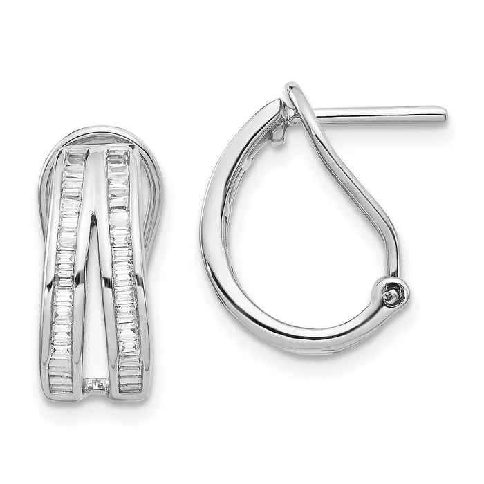 Earrings Goldia Solid 14k White Gold 2row Baguette Simulated CZ Omega BacK Hoop Earrings Earrings Goldia Solid 14k White Gold 2row Baguette Simulated CZ Omega BacK Hoop Earrings