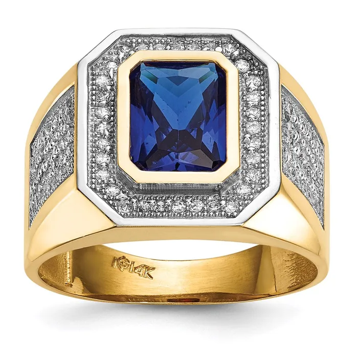 Goldia 14K Yellow Gold w Rhodium CZ u0026 Emeraldcut Blue CZ Mens Ring Rings