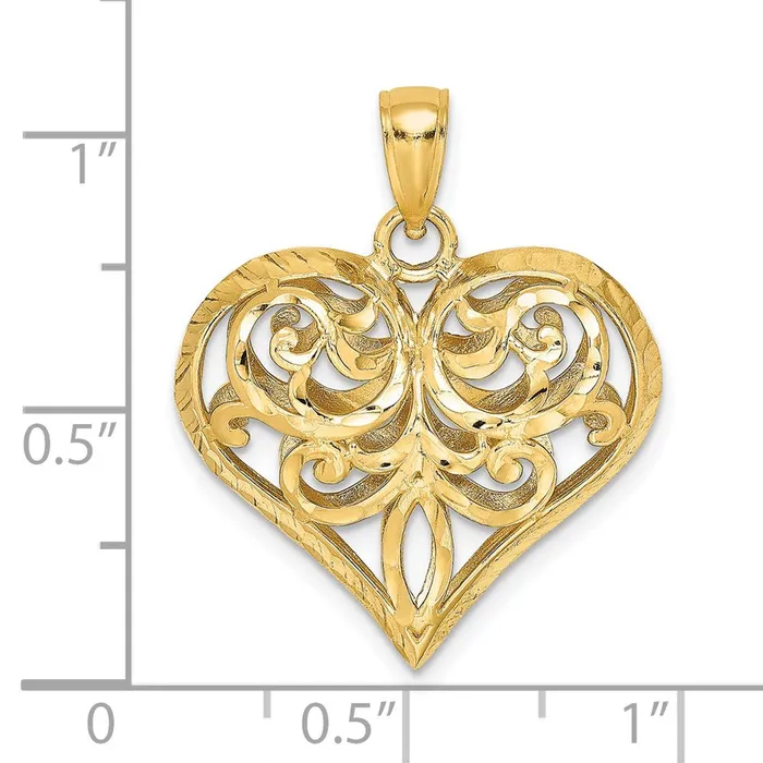 Goldia Charm Necklaces 14k Yellow Gold 3D Diamondcut Filigree Puffed Heart Charm