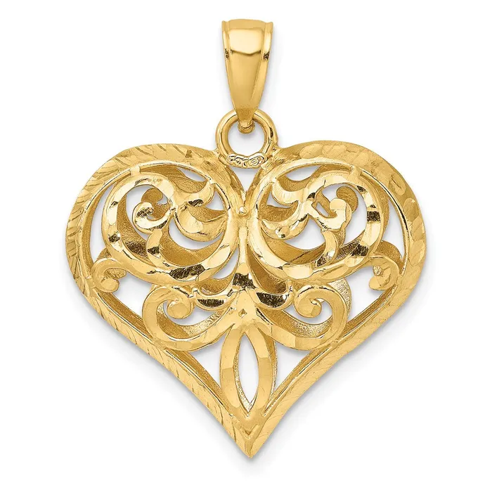 Goldia Charm Necklaces 14k Yellow Gold 3D Diamondcut Filigree Puffed Heart Charm