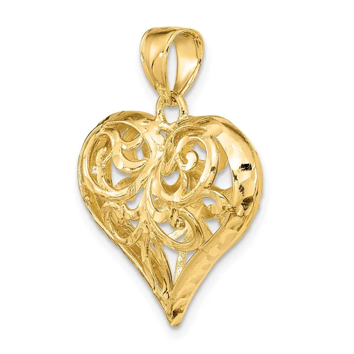 Goldia Charm Necklaces 14k Yellow Gold 3D Diamondcut Filigree Puffed Heart Charm