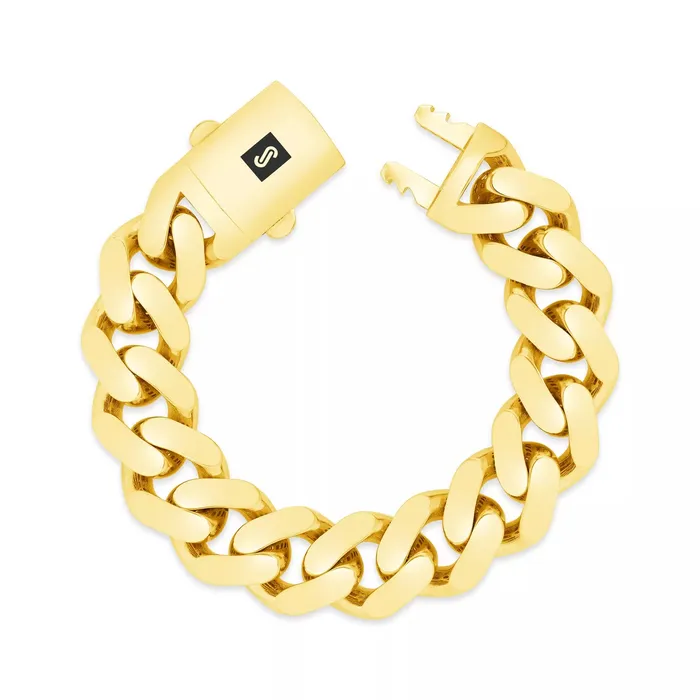 Goldiacom Bracelets 14k Yellow Gold Royal Monaco Miami Cuban Link 13mm Chain Bracelet Box Clasp 85
