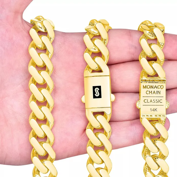 Goldiacom Bracelets 14k Yellow Gold Royal Monaco Miami Cuban Link 13mm Chain Bracelet Box Clasp 85