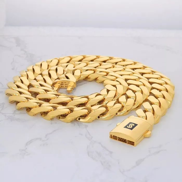 Goldiacom Bracelets 14k Yellow Gold Royal Monaco Miami Cuban Link 13mm Chain Bracelet Box Clasp 85