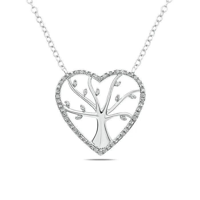 Goldia Necklaces 01 CT TW Natural Diamond Heart Outline Tree of Life Necklace in Sterling Silver