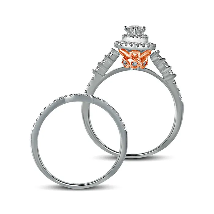 Goldia Rings 10 CT TW PearShaped Natural Diamond Double Frame Bridal Engagement Ring Set in Solid 10K TwoTone Gold