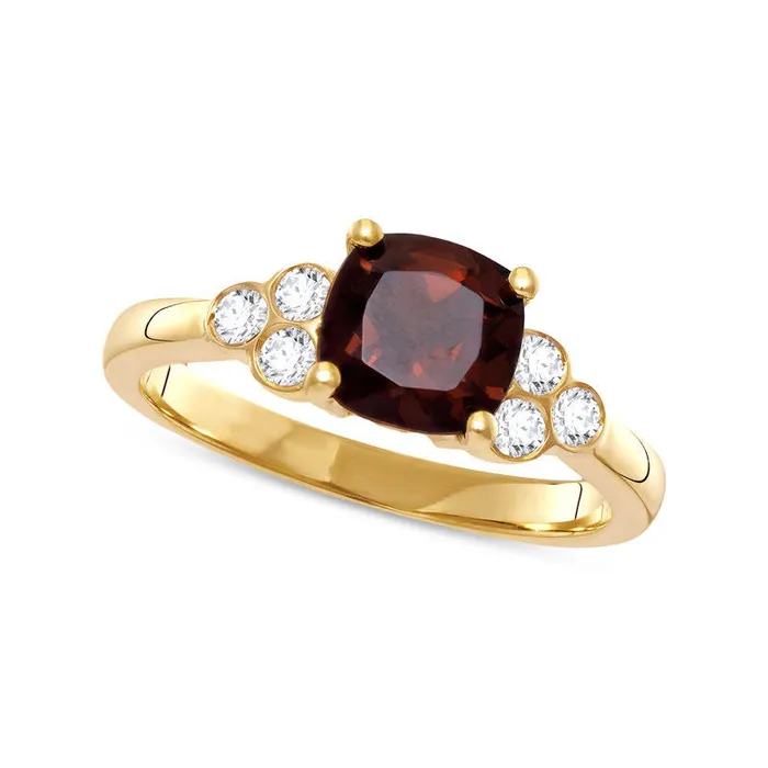 Goldia Rings 70mm CushionCut Garnet and 020 CT TW Natural Diamond TriSides Ring in Solid 10K Yellow Gold