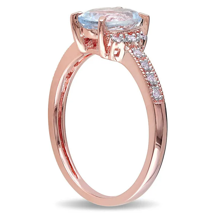 Goldia Rings Oval Aquamarine and 007 CT TW Natural Diamond Ring in Rose Rhodium Sterling Silver