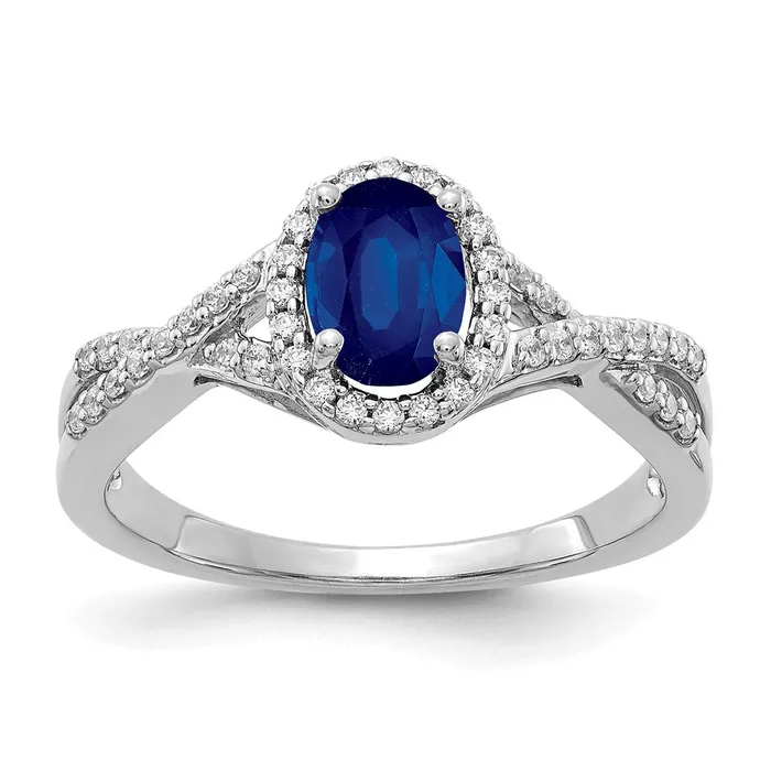 Goldia Rings Solid 14k White Gold Simulated CZ and Sapphire Oval Halo Ring