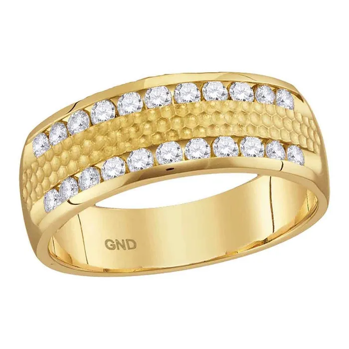 Rings 14k Yellow Gold Round Diamond Double Row Hammered Wedding Band Ring 12 Cttw gndatlanta