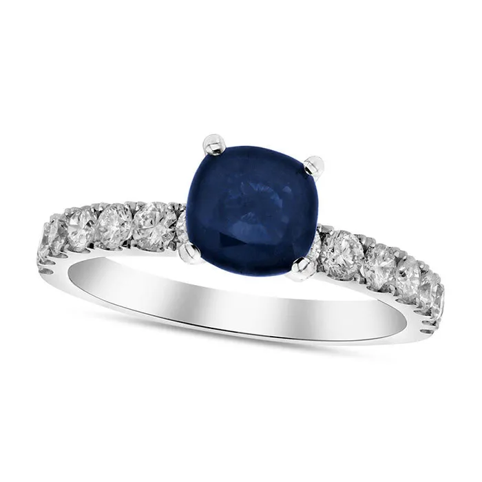 Rings Goldia 60mm CushionCut Blue Sapphire and 075 CT TW Natural Diamond Engagement Ring in Solid 18K White Gold