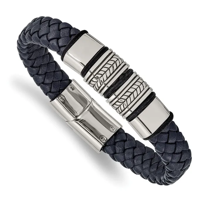 Bracelets Chisel Stainless Steel Antiqued and Polished Braided Blue Leather with Black Silicone 825 inch Bracelet TreasureFineJewelers Bracelets Chisel Stainless Steel Antiqued and Polished Braided Blue Leather with Black Silicone 825 inch Bracelet TreasureFineJewelers