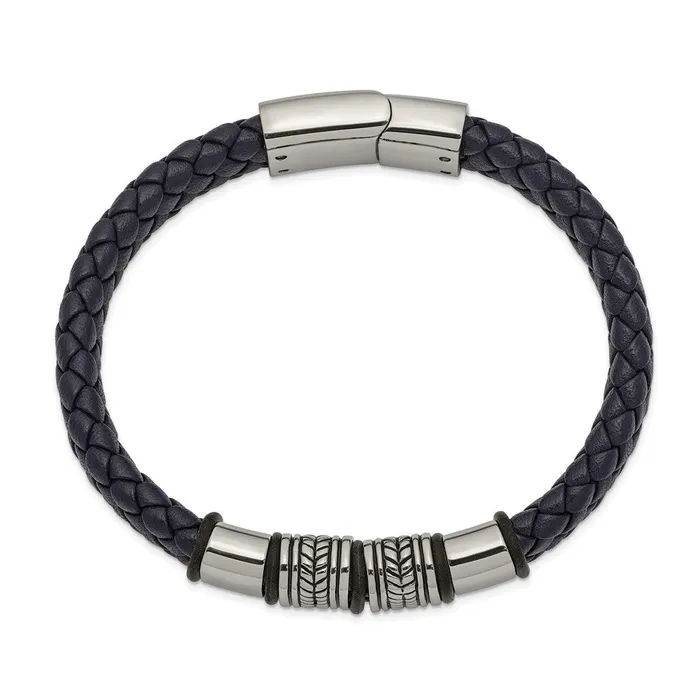 Bracelets Chisel Stainless Steel Antiqued and Polished Braided Blue Leather with Black Silicone 825 inch Bracelet TreasureFineJewelers