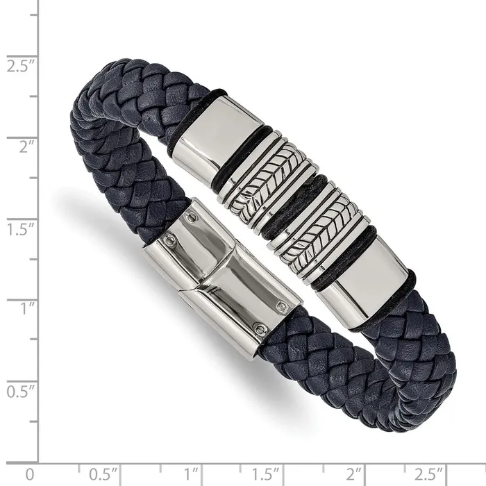 Bracelets Chisel Stainless Steel Antiqued and Polished Braided Blue Leather with Black Silicone 825 inch Bracelet TreasureFineJewelers