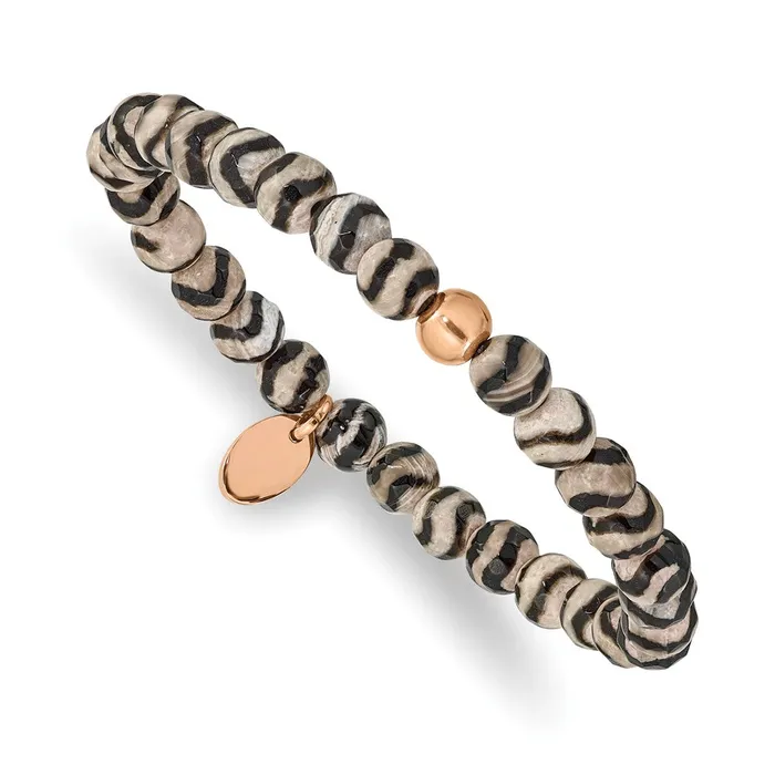Bracelets Chisel Stainless Steel Polished Rose IPplated 6mm Black and White Striped Agate Beaded Stretch Bracelet TreasureFineJewelers Bracelets Chisel Stainless Steel Polished Rose IPplated 6mm Black and White Striped Agate Beaded Stretch Bracelet TreasureFineJewelers
