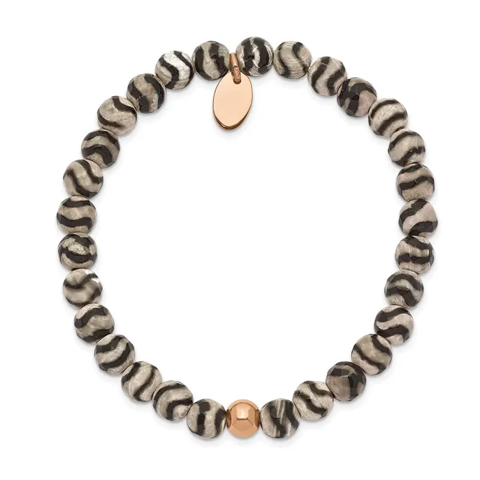 Bracelets Chisel Stainless Steel Polished Rose IPplated 6mm Black and White Striped Agate Beaded Stretch Bracelet TreasureFineJewelers