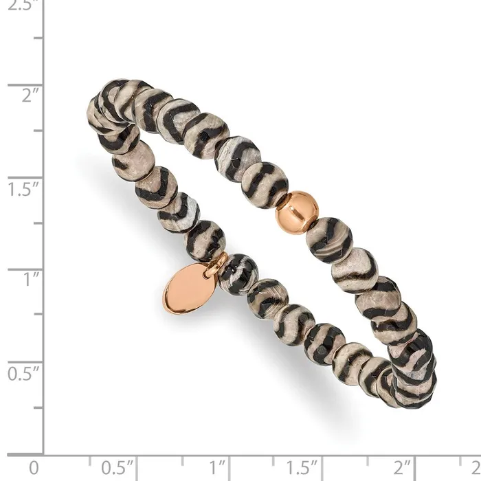 Bracelets Chisel Stainless Steel Polished Rose IPplated 6mm Black and White Striped Agate Beaded Stretch Bracelet TreasureFineJewelers