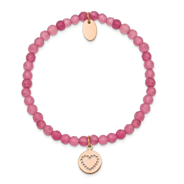 Bracelets Chisel Stainless Steel Polished Rose IPplated Heart 4mm Pink Jade Beaded Stretch Bracelet TreasureFineJewelers