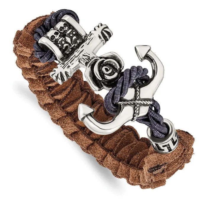 Bracelets TreasureFineJewelers Chisel Stainless Steel Antiqued and Polished Anchor with Flower and Skulls Brown Leather 85 inch Bracelet Bracelets TreasureFineJewelers Chisel Stainless Steel Antiqued and Polished Anchor with Flower and Skulls Brown Leather 85 inch Bracelet