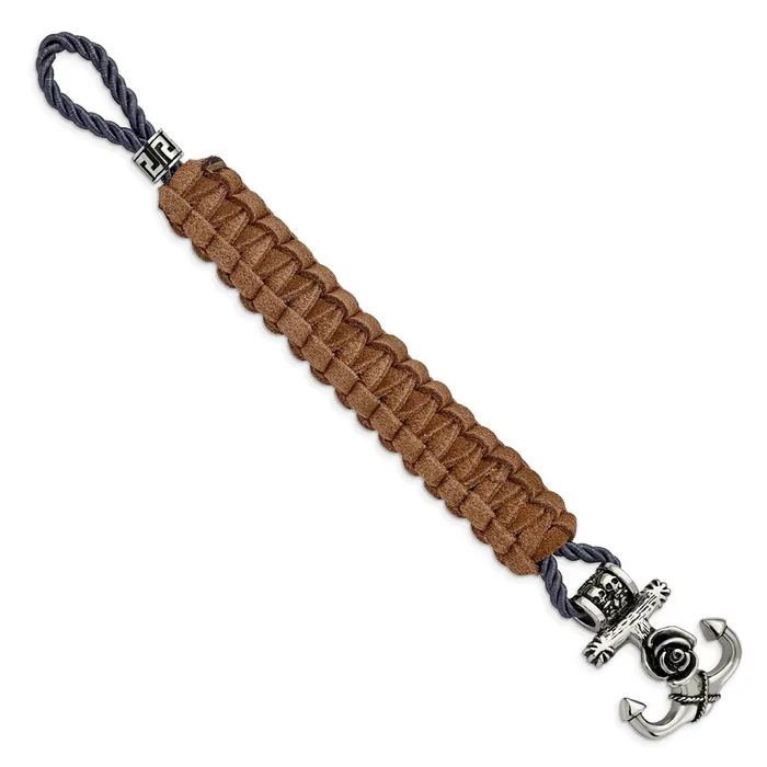 Bracelets TreasureFineJewelers Chisel Stainless Steel Antiqued and Polished Anchor with Flower and Skulls Brown Leather 85 inch Bracelet