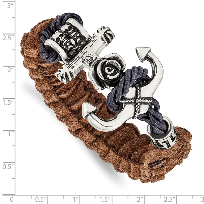 Bracelets TreasureFineJewelers Chisel Stainless Steel Antiqued and Polished Anchor with Flower and Skulls Brown Leather 85 inch Bracelet