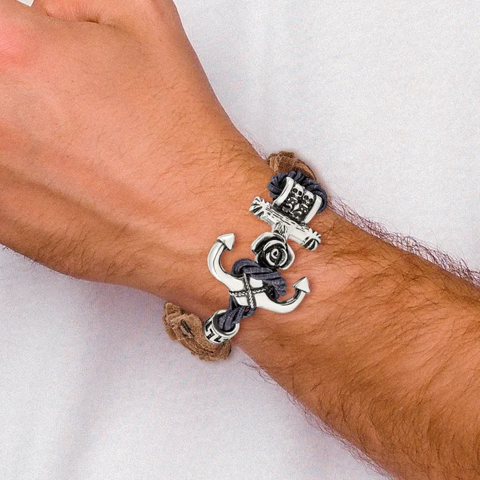 Bracelets TreasureFineJewelers Chisel Stainless Steel Antiqued and Polished Anchor with Flower and Skulls Brown Leather 85 inch Bracelet