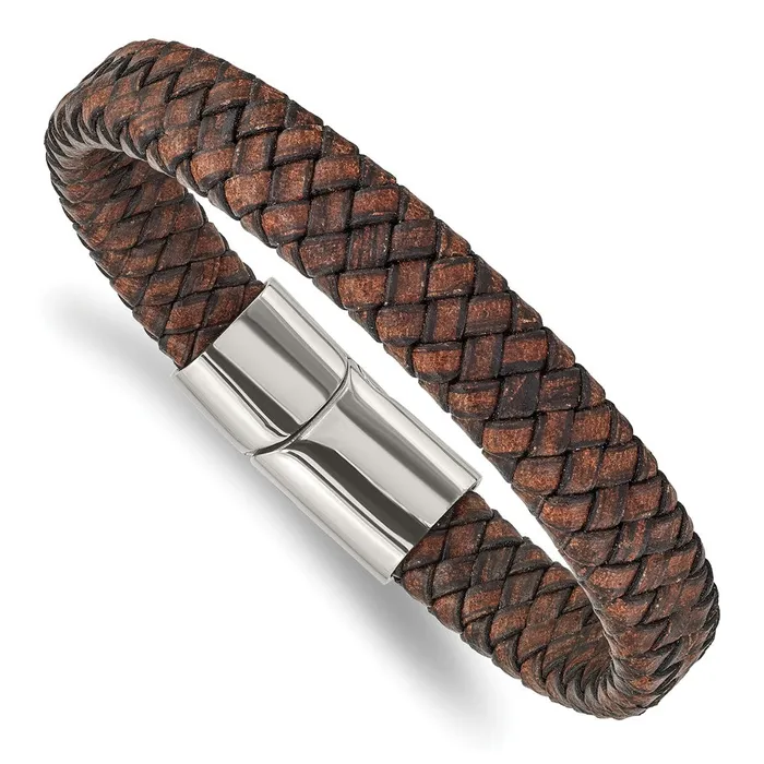 Bracelets TreasureFineJewelers Chisel Stainless Steel Polished Brown Braided Leather 1150mm 85 inch Bracelet Bracelets TreasureFineJewelers Chisel Stainless Steel Polished Brown Braided Leather 1150mm 85 inch Bracelet