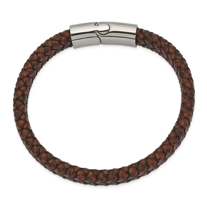 Bracelets TreasureFineJewelers Chisel Stainless Steel Polished Brown Braided Leather 1150mm 85 inch Bracelet