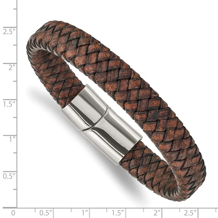 Bracelets TreasureFineJewelers Chisel Stainless Steel Polished Brown Braided Leather 1150mm 85 inch Bracelet