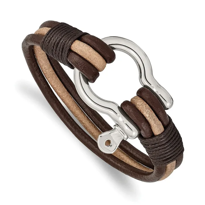 Bracelets TreasureFineJewelers Chisel Stainless Steel Polished Shackle Multi Strand Dark Brown and Tan Leather 825 inch Bracelet Bracelets TreasureFineJewelers Chisel Stainless Steel Polished Shackle Multi Strand Dark Brown and Tan Leather 825 inch Bracelet