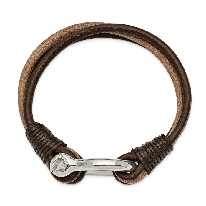 Bracelets TreasureFineJewelers Chisel Stainless Steel Polished Shackle Multi Strand Dark Brown and Tan Leather 825 inch Bracelet