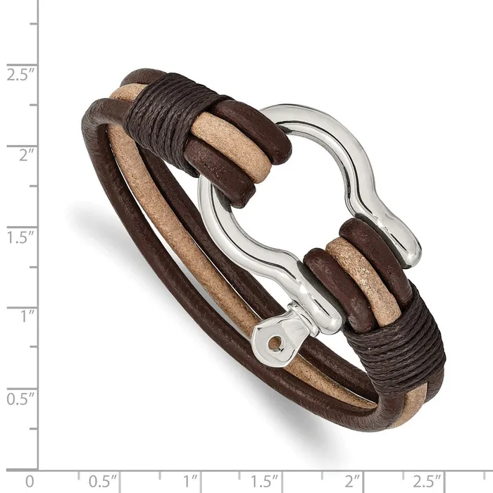 Bracelets TreasureFineJewelers Chisel Stainless Steel Polished Shackle Multi Strand Dark Brown and Tan Leather 825 inch Bracelet