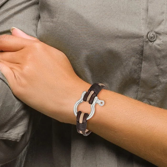 Bracelets TreasureFineJewelers Chisel Stainless Steel Polished Shackle Multi Strand Dark Brown and Tan Leather 825 inch Bracelet