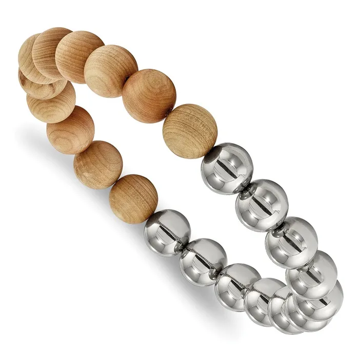 Chisel Stainless Steel Polished Beads and Cypress Wood Beaded Stretch Bracelet TreasureFineJewelers Bracelets Chisel Stainless Steel Polished Beads and Cypress Wood Beaded Stretch Bracelet TreasureFineJewelers Bracelets