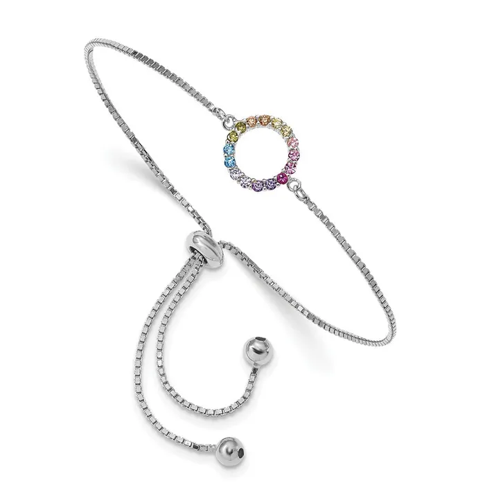 Prizma Sterling Silver Rhodiumplated Colorful CZ Open Circle Adjustable Bolo Bracelet TreasureFineJewelers Bracelets