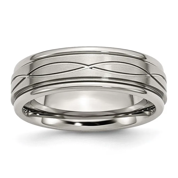 Rings Stainless Steel PolishedBrushed Crisscross Design 7mm Ridged Edge Band TreasureFineJewelers Rings Stainless Steel PolishedBrushed Crisscross Design 7mm Ridged Edge Band TreasureFineJewelers