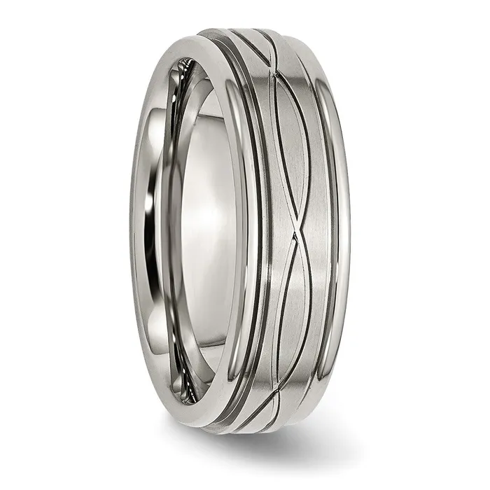 Rings Stainless Steel PolishedBrushed Crisscross Design 7mm Ridged Edge Band TreasureFineJewelers