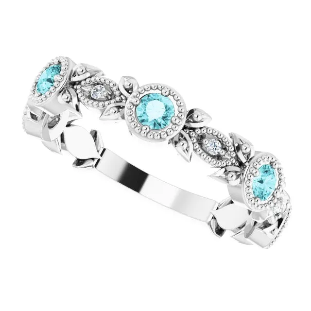TreasureFineJeweler 14K White Natural Blue Zircon 03 CTW Natural Diamond Leaf Ring Rings