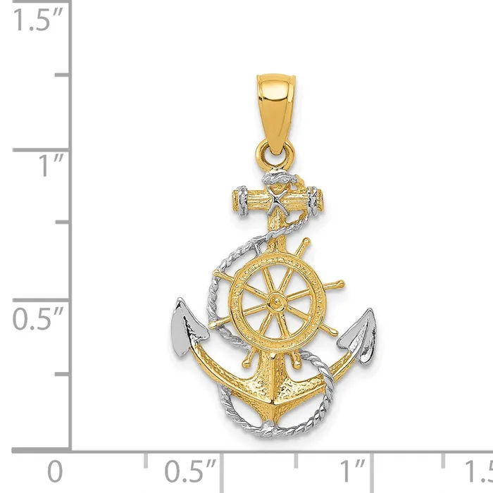 TreasureFineJewelers 14K TwoTone w Rhodium Anchor wRope Pendant Rings