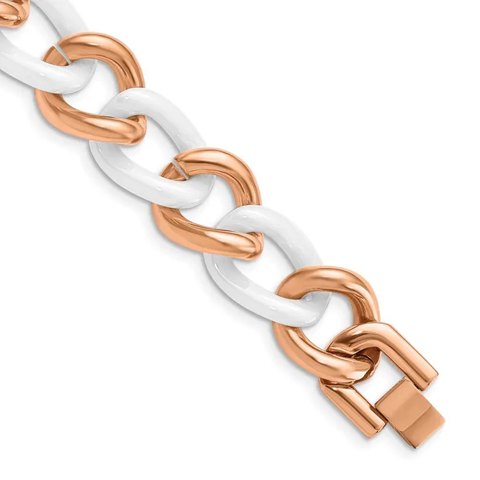 TreasureFineJewelers Bracelets Chisel Stainless Steel Polished Rose IPplated with White Ceramic 825 inch Open Link Bracelet TreasureFineJewelers Bracelets Chisel Stainless Steel Polished Rose IPplated with White Ceramic 825 inch Open Link Bracelet