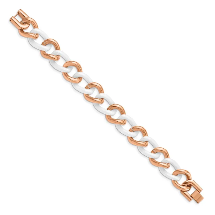 TreasureFineJewelers Bracelets Chisel Stainless Steel Polished Rose IPplated with White Ceramic 825 inch Open Link Bracelet