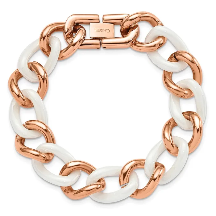 TreasureFineJewelers Bracelets Chisel Stainless Steel Polished Rose IPplated with White Ceramic 825 inch Open Link Bracelet