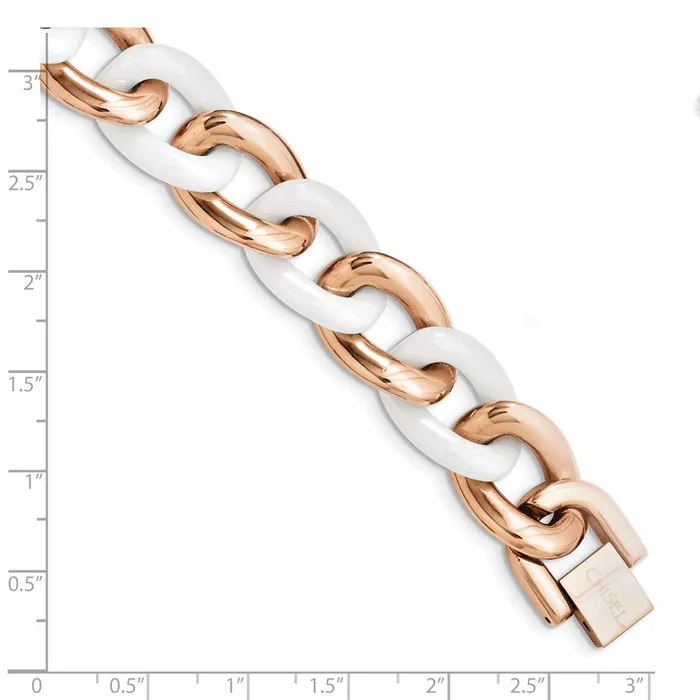 TreasureFineJewelers Bracelets Chisel Stainless Steel Polished Rose IPplated with White Ceramic 825 inch Open Link Bracelet