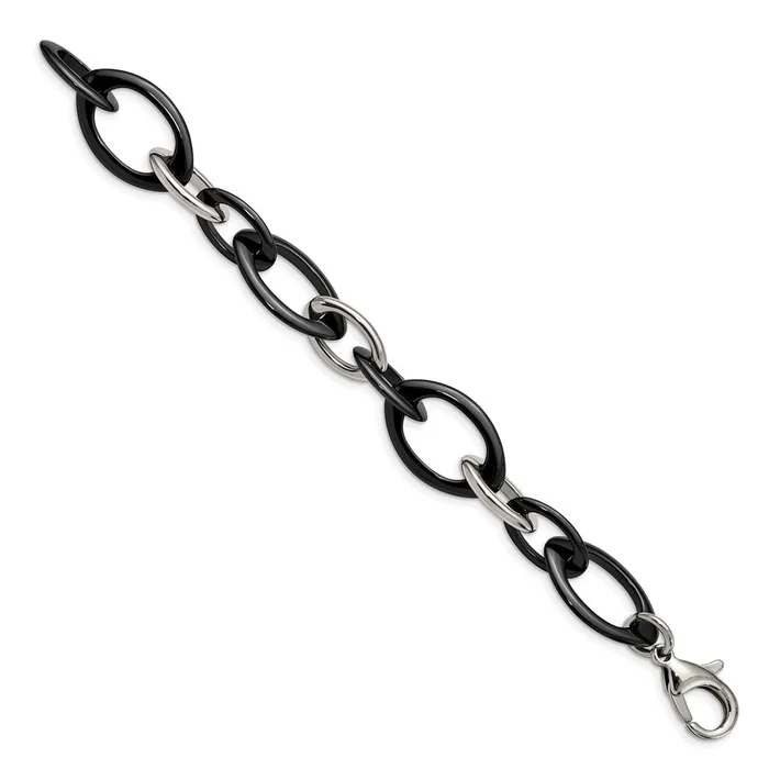 TreasureFineJewelers Bracelets Chisel Stainless Steel Polished with Black Ceramic 8 inch Open Link Bracelet