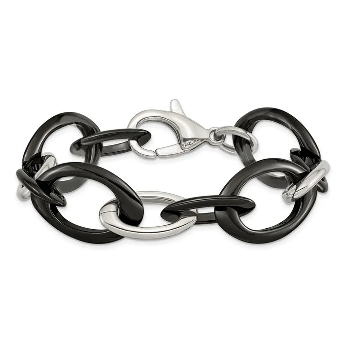 TreasureFineJewelers Bracelets Chisel Stainless Steel Polished with Black Ceramic 8 inch Open Link Bracelet