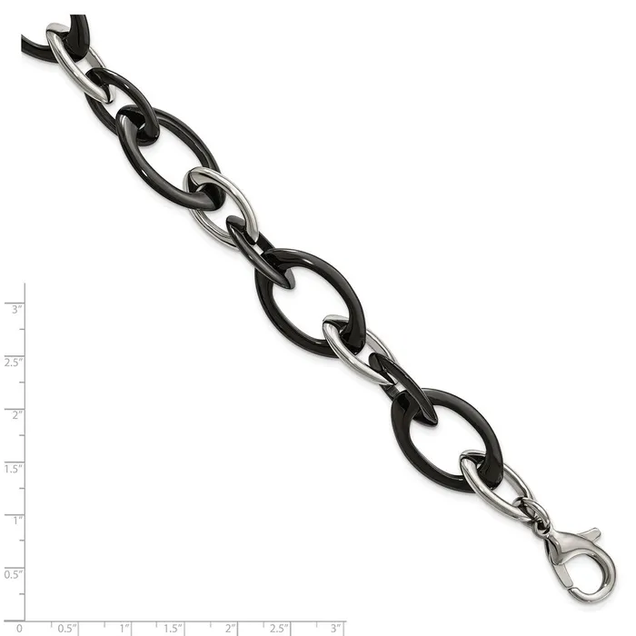 TreasureFineJewelers Bracelets Chisel Stainless Steel Polished with Black Ceramic 8 inch Open Link Bracelet