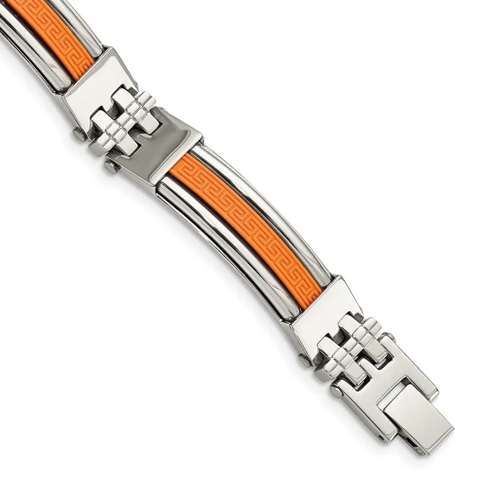 TreasureFineJewelers Bracelets Chisel Stainless Steel Polished with Orange Greek Key Design Rubber Inlay 9 inch Bracelet TreasureFineJewelers Bracelets Chisel Stainless Steel Polished with Orange Greek Key Design Rubber Inlay 9 inch Bracelet
